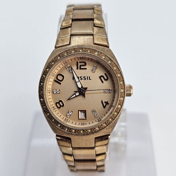 FOSSIL Women's Watch 28MM Gold Dial Date Gold Bracelet 5.75" New Battery - Picture 1 of 14